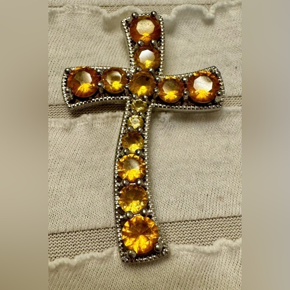 Sterling Silver Cross Necklace Pendant Charm Citrine Stones November Birtbstone